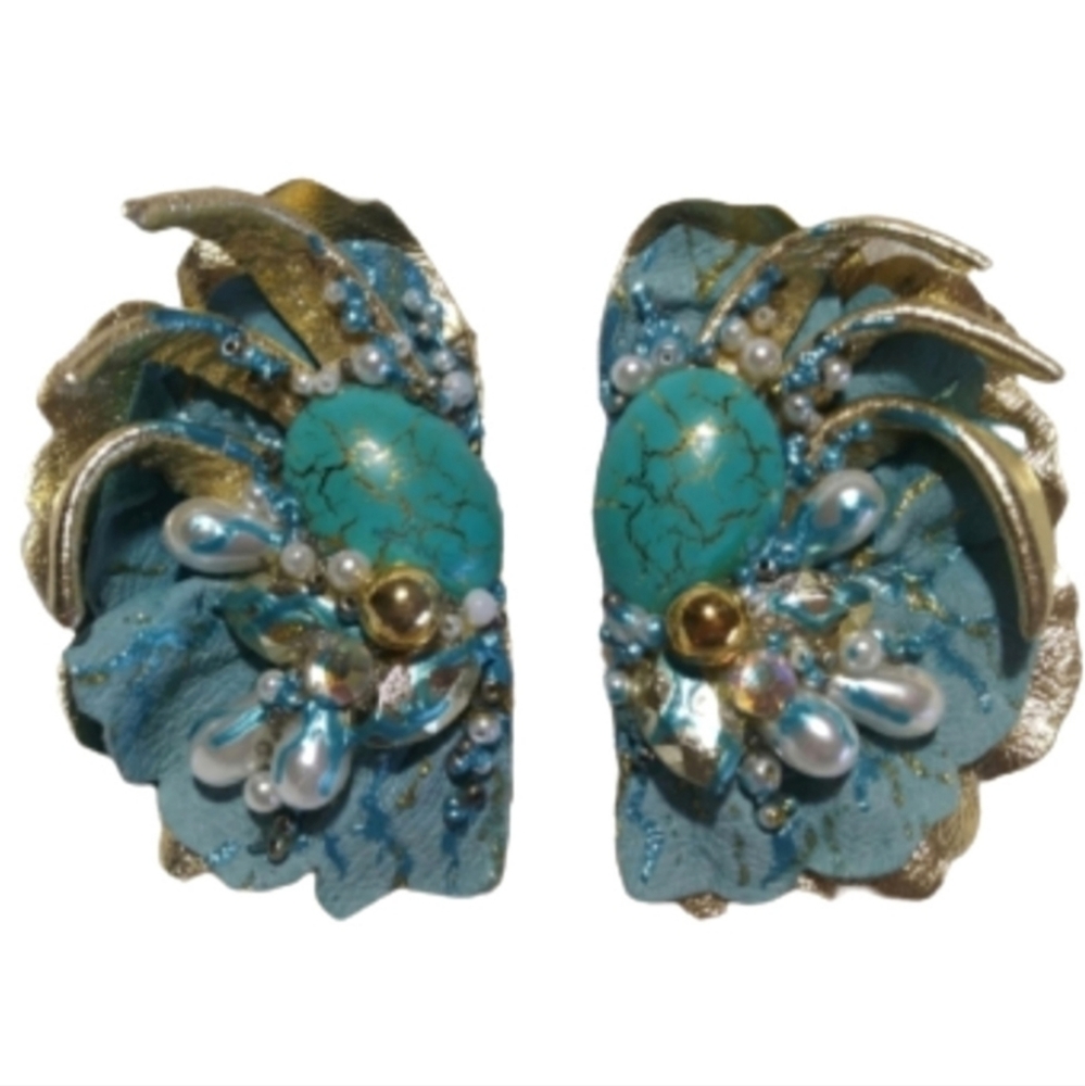 Zee Vintage Earrings 1980s Clip Real Leather Faux Stones Turquoise OS